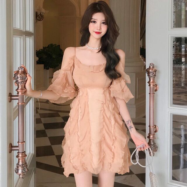 ワンピースドレス レディース オケージョンワンピ ミニ丈 膝上丈 フレア 肩見せ オープンショルダー キャミワンピ セクシー かわいい フェアリー イエロー/ブルーグレー S/M/L