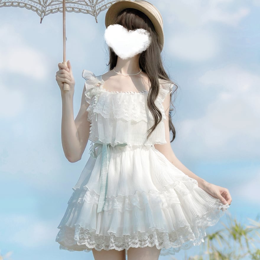 ゆめかわいい サスペンダードレス コサージュ ベルト付き レース シフォン