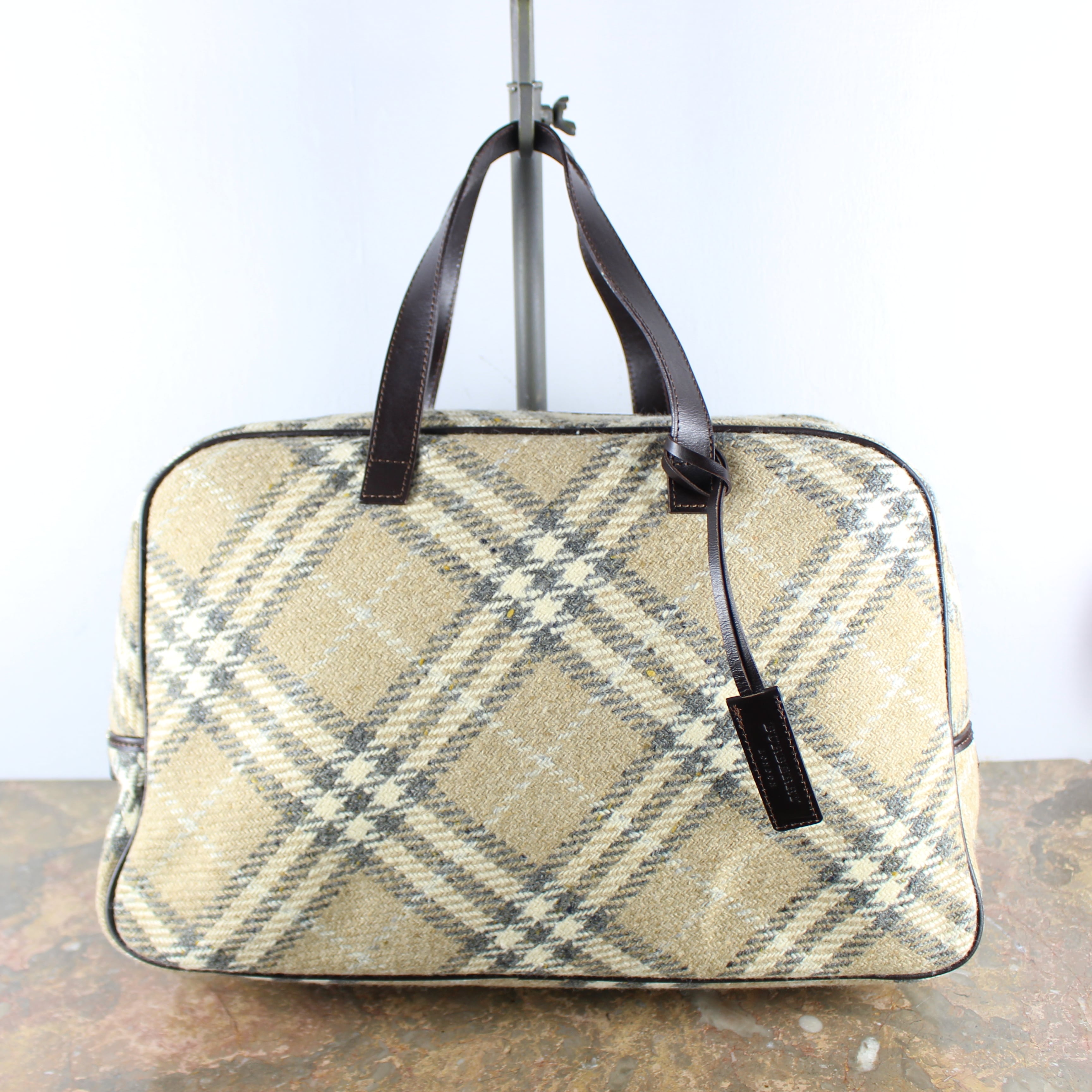 BURBERRY CHECK PATTERNED WOOL LEATHER BOSTON BAG/バーバリー