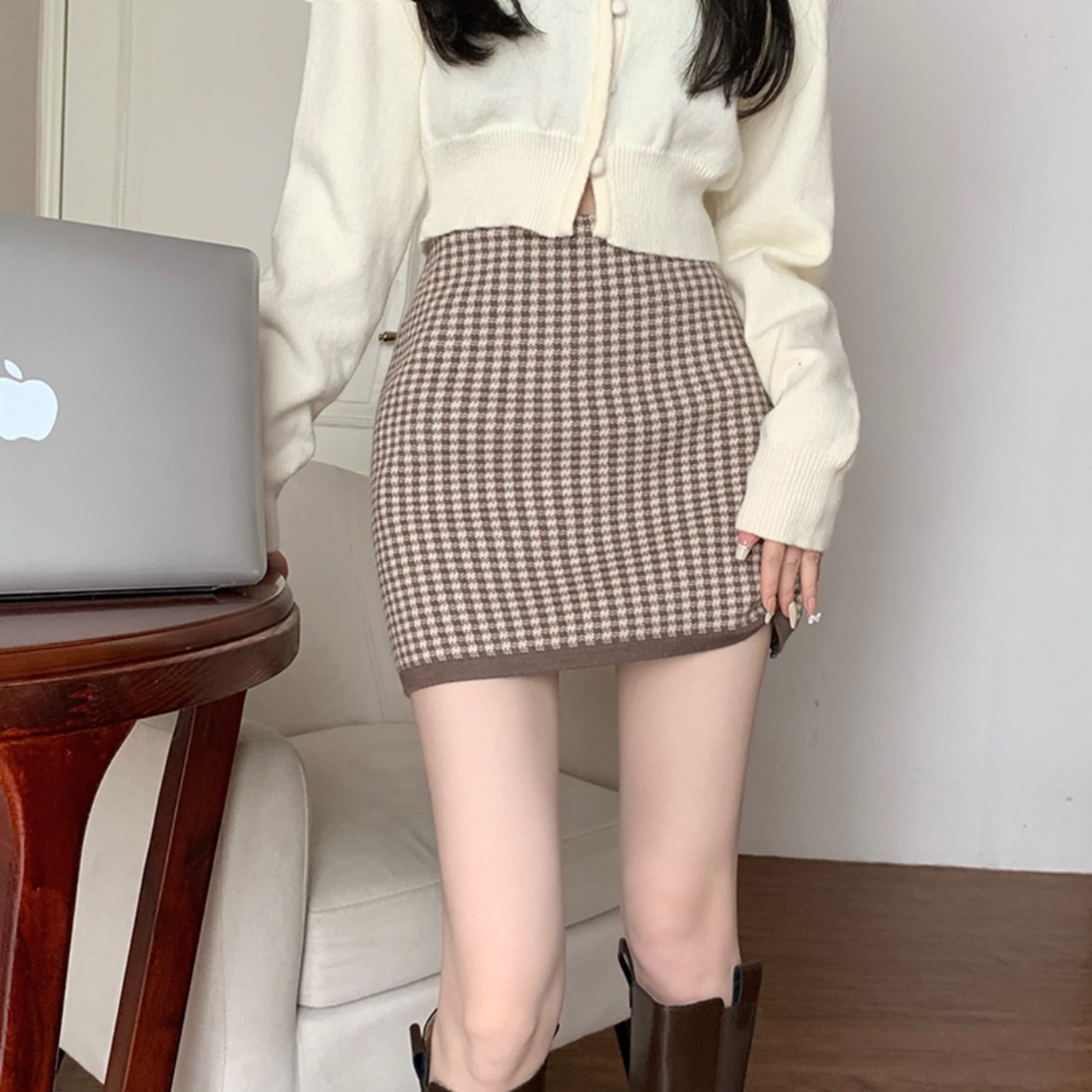 千鳥格子ニットスカート LK657