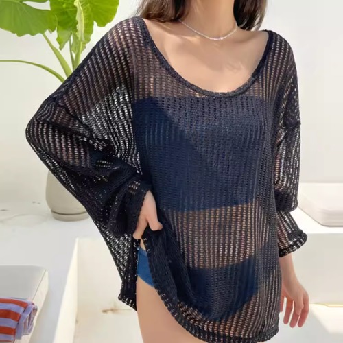 カバーアップ レディース トップス スイムウェア ビーチウェア プルオーバー 長袖 メッシュ 日焼け防止 UV対策 体型カバー ブラック 黒 シンプル 無地 ゆったり 海 ビーチ 夏 バカンス プール