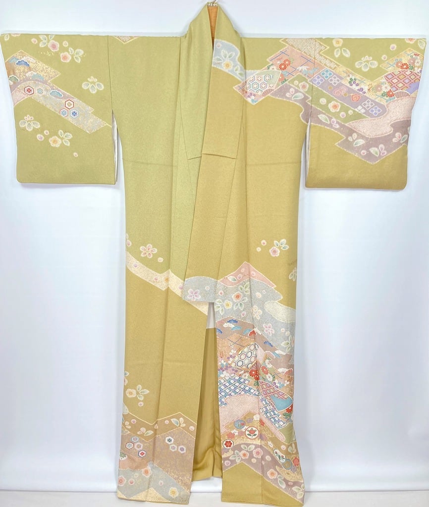 京友禅 染め分け 金駒刺繍 花柄 扇面 訪問着 正絹 黄色 黄緑 紫 959