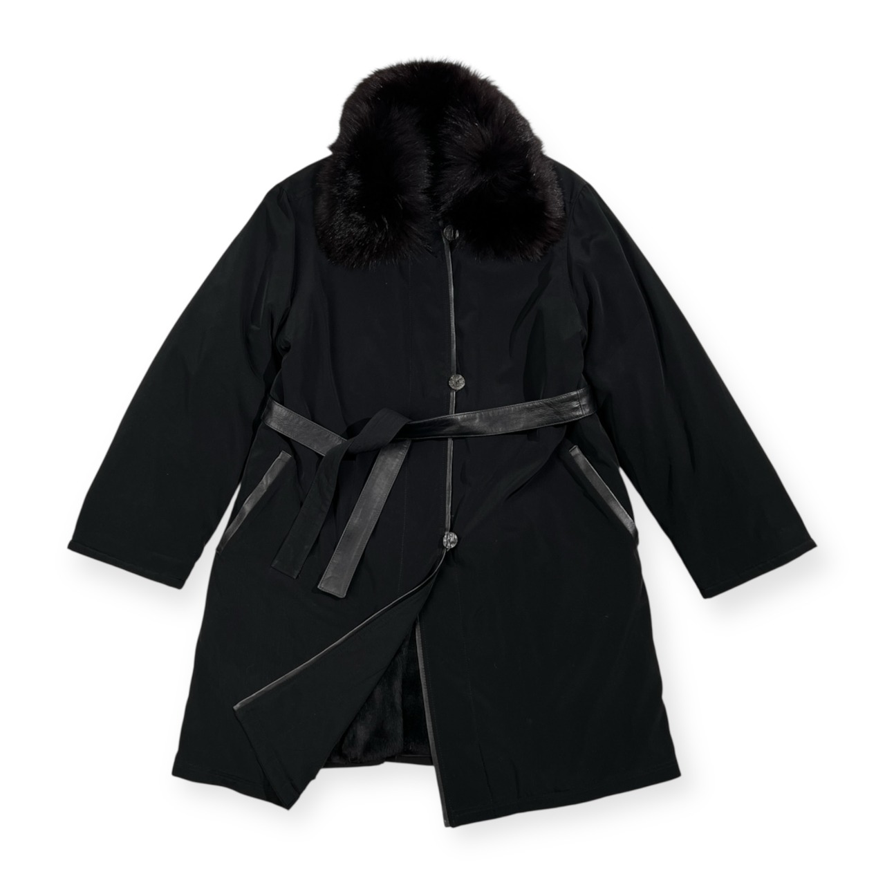 イタリア製 GRANDI グランディ 毛皮 ファー 付き コート /ベルト付き /ブラック/ビンテージ/毛皮取り外し可能