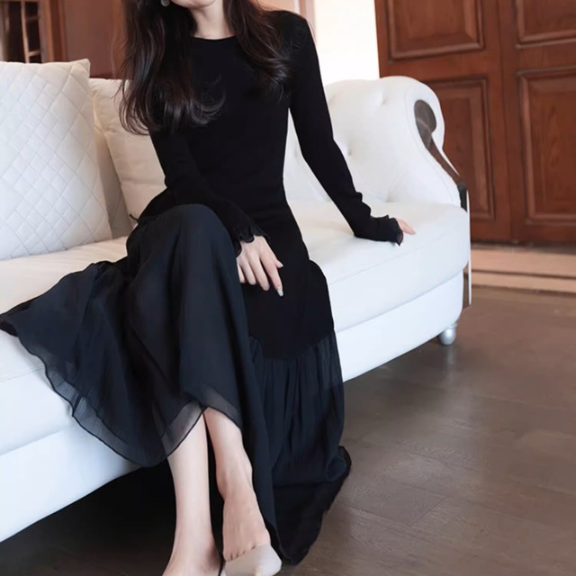 Mesh stitch elegant long knit dress