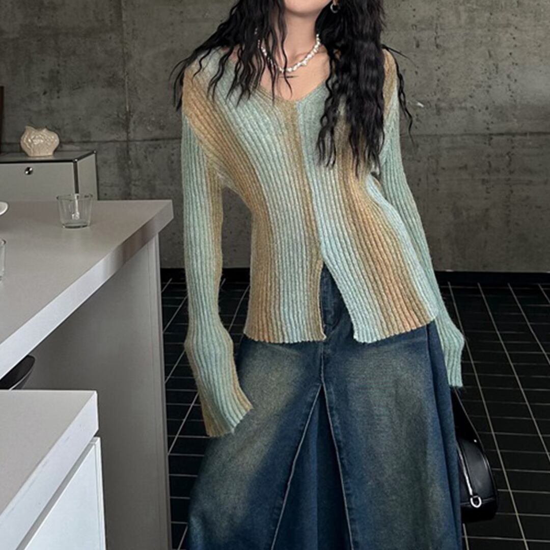 Vネックヒッピースリムニット K0376