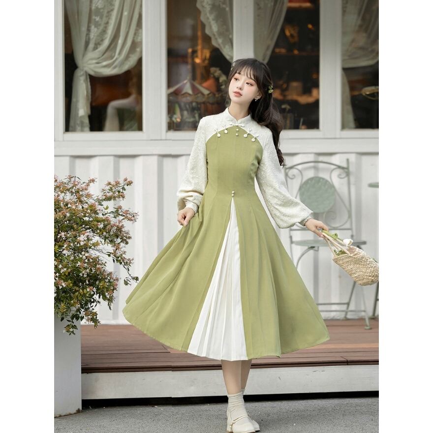 中華ロリィタ】レースケープ+ワンピース 2点セット 抹茶色 カーキ