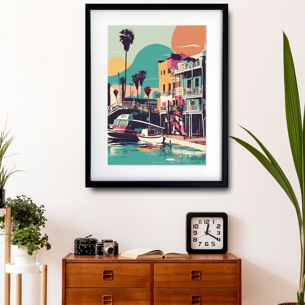 California Harbor｜レトロなサンタモニカの港町を描く西海岸アートポスター｜夏インテリアに映えるヴィンテージ風デザイン｜日本製A2ポスター