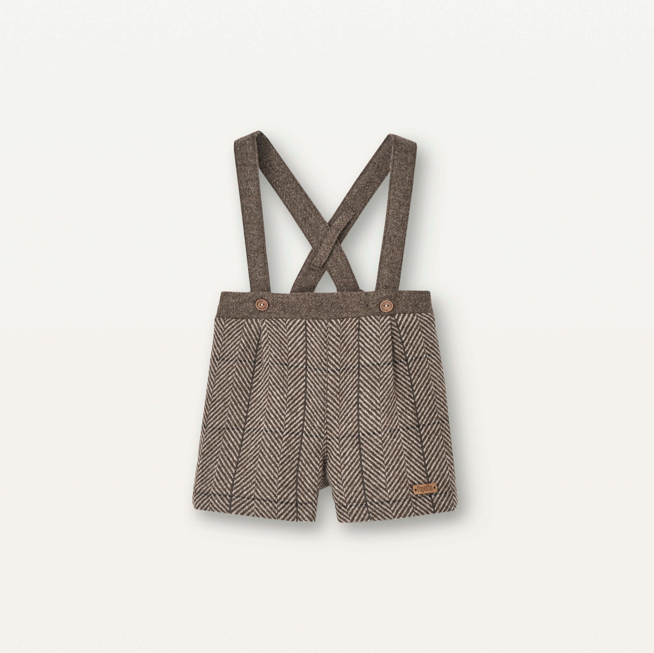popelin / woollen short with crossover straps / Brown herringbone