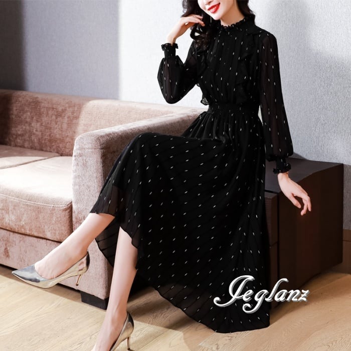 シフォン ワンピース セミロング丈 シャーリング 透け感 きれいめ(M5565)γα