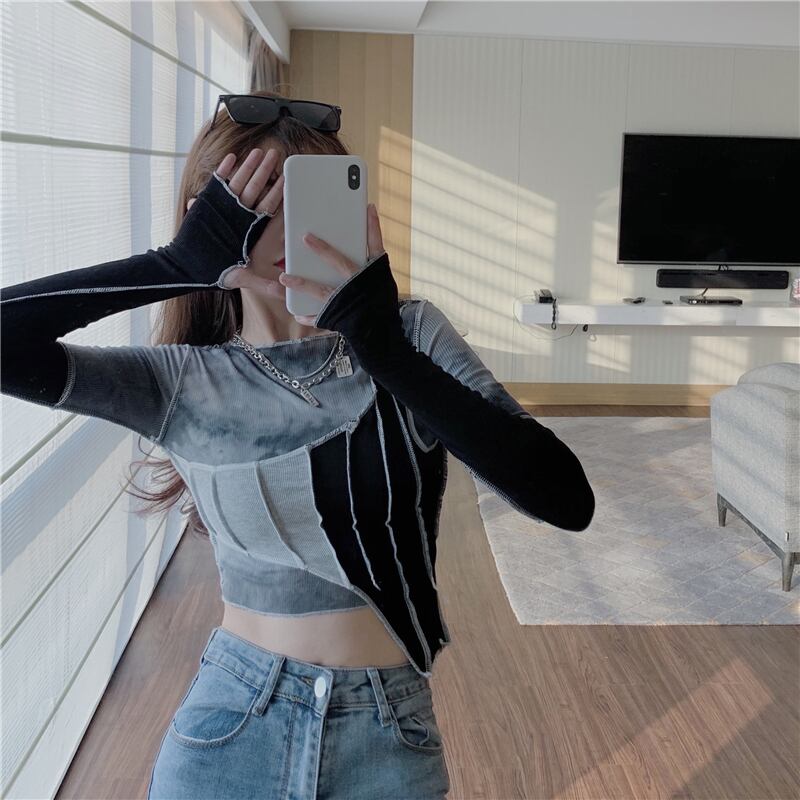 Tシャツ シャツ ショートスリムスプリングトップス ロング 春物 ブラックストロベリース76457180364