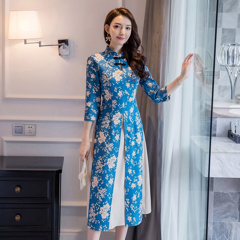 チャイナ風ワンピース エレガント ロング丈ワンピース 改良唐装 改良漢服 チャイナ風服 中華服 改良型チャイナドレス 普段着 S M L Ll 着痩せ 女子会 同窓会 普段着 ブルー 青 Dresszone チャイナ風ワンピース エレガント ロング丈ワンピース 改良唐装 改良漢服 チャイナ風服 中華服 改良型チャイナドレス 普段着 S M L Ll 着痩せ 女子会 同窓会 普段着 ブルー 青 Dresszone