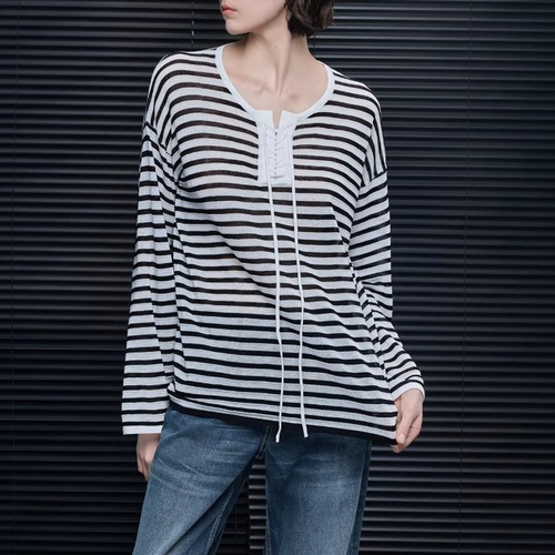 レースアップボーダーニットトップス ・20858