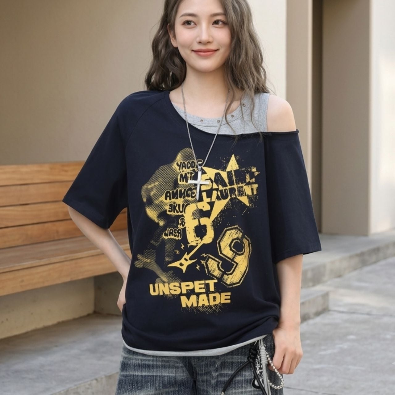 レイヤードショルダーグラフィックTシャツ 3col R02437