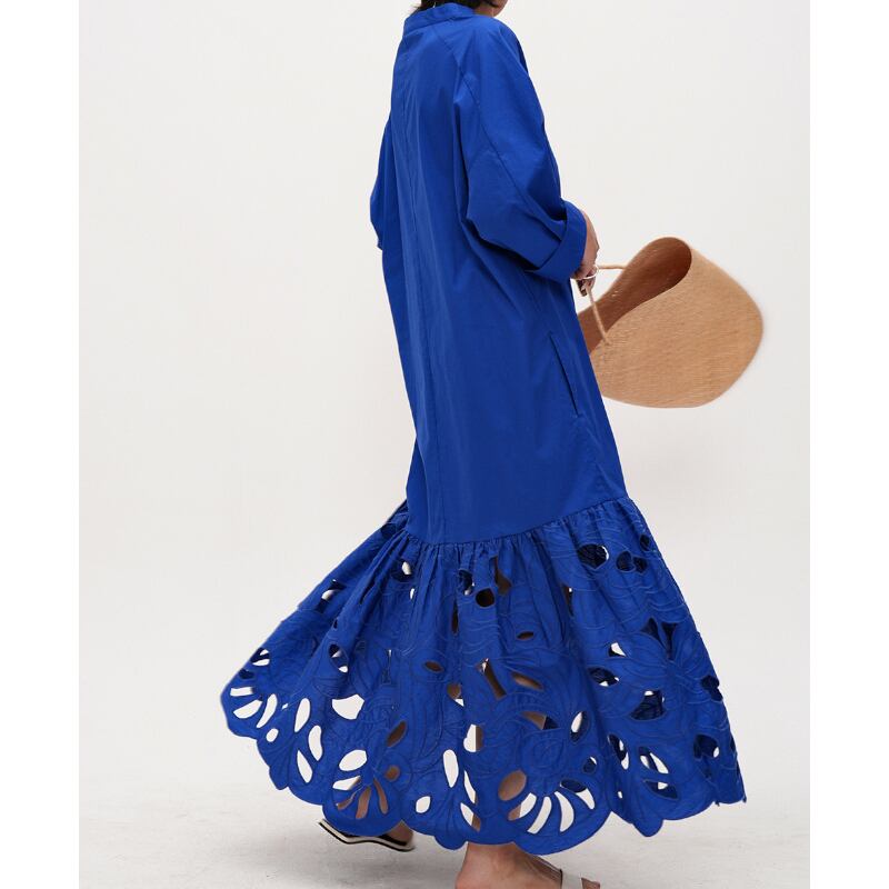 Cutwork-Lace Hem Maxi Shirt Dress S0337