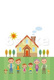 イラスト素材:マイホームの前に立つ家族(ベクター・JPG)