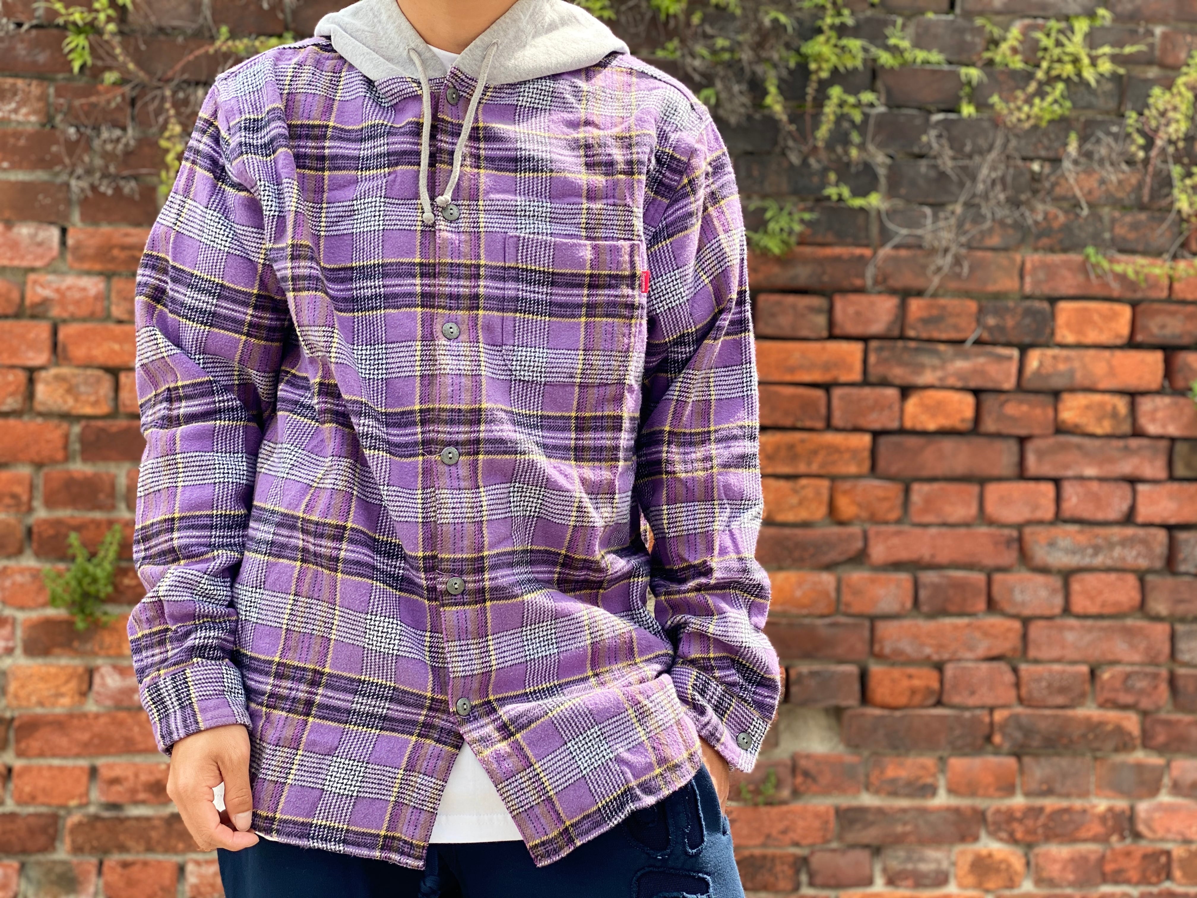 30％OFF Supreme 18SS hooded Plaid Flannel Shirt PURPLE MEDIUM  