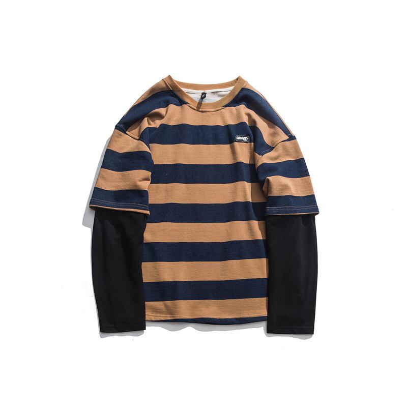 Road、Vintage、Autumn、ese Retro、Contrasting Color、Striped Fake Two Piece Sweatshirt、Loose Pullover Top Men Couples-Alibaba レトロ オータム 秋物 ストライプ ビンテージ hip6-161150758319942