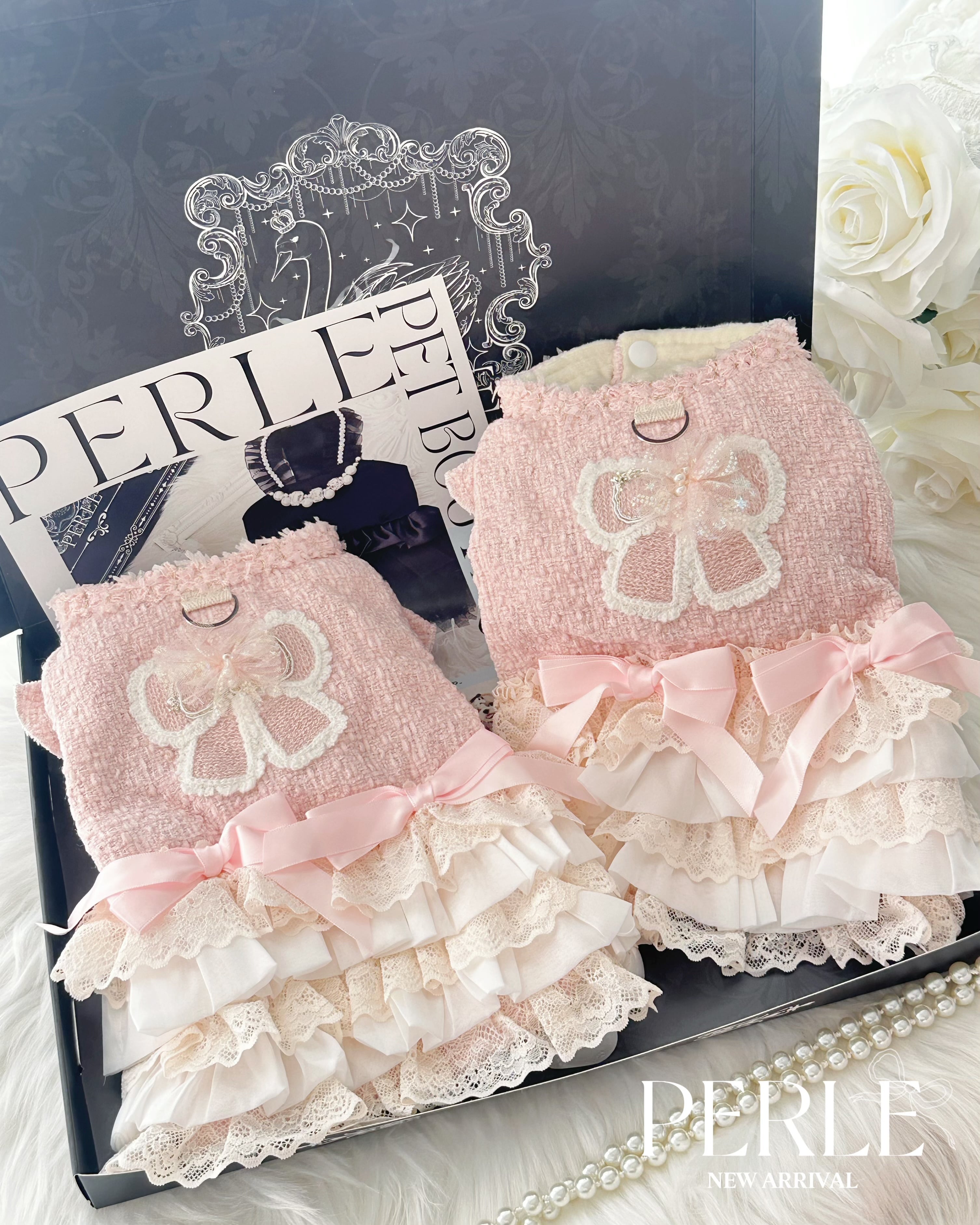 Baby pink tweed ribbon pet dress