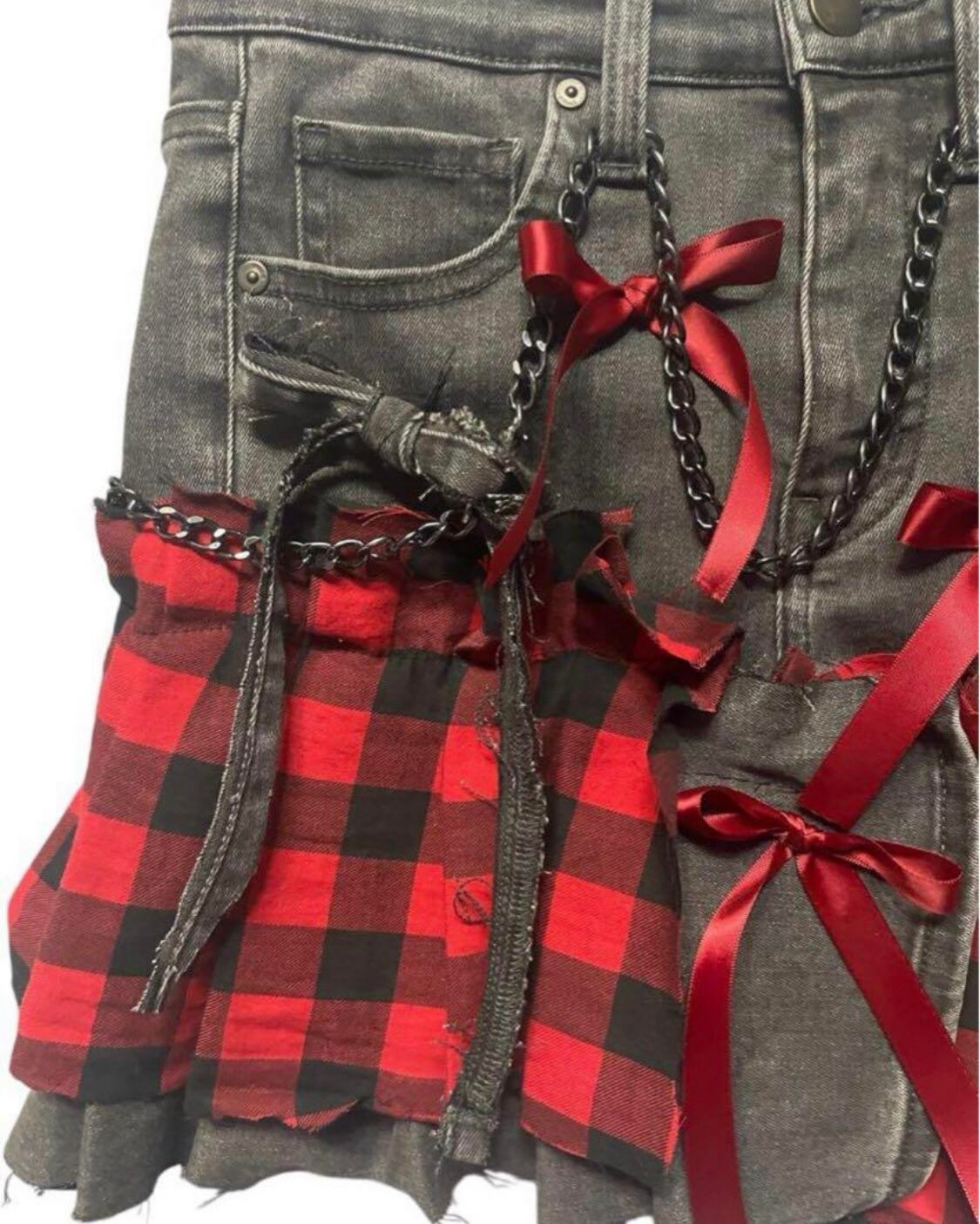 古着リメイク】一点物デニムリメイクグレーと赤のチェック ミニ  