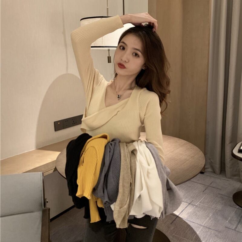 オータムウィンターニットシャツ クロスVネックセーター トップス ロング 秋物 冬物 YY-ファッション4236860500