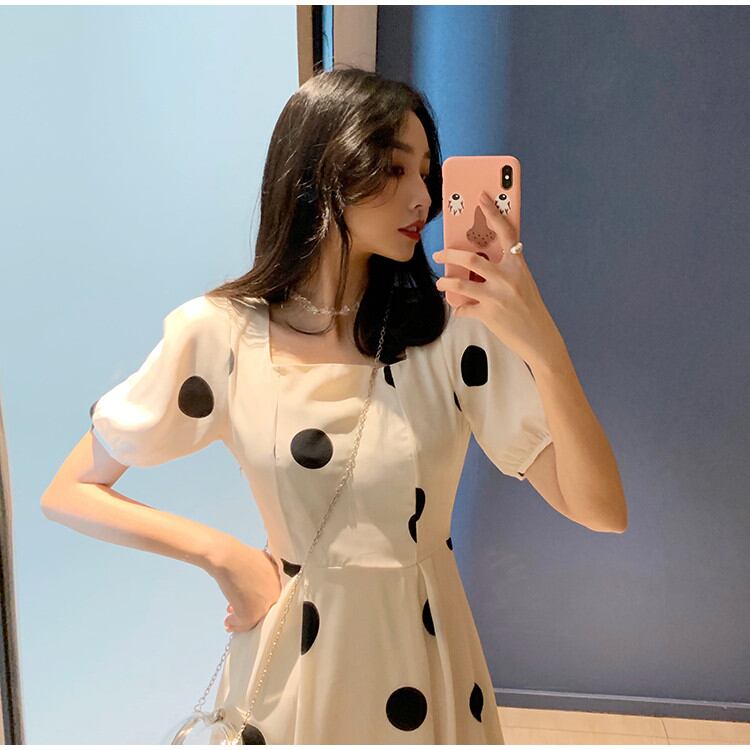 気質の女神は本当に綺麗です 通勤する ドット 半袖 スクエアネック ロングスカート 背透けて