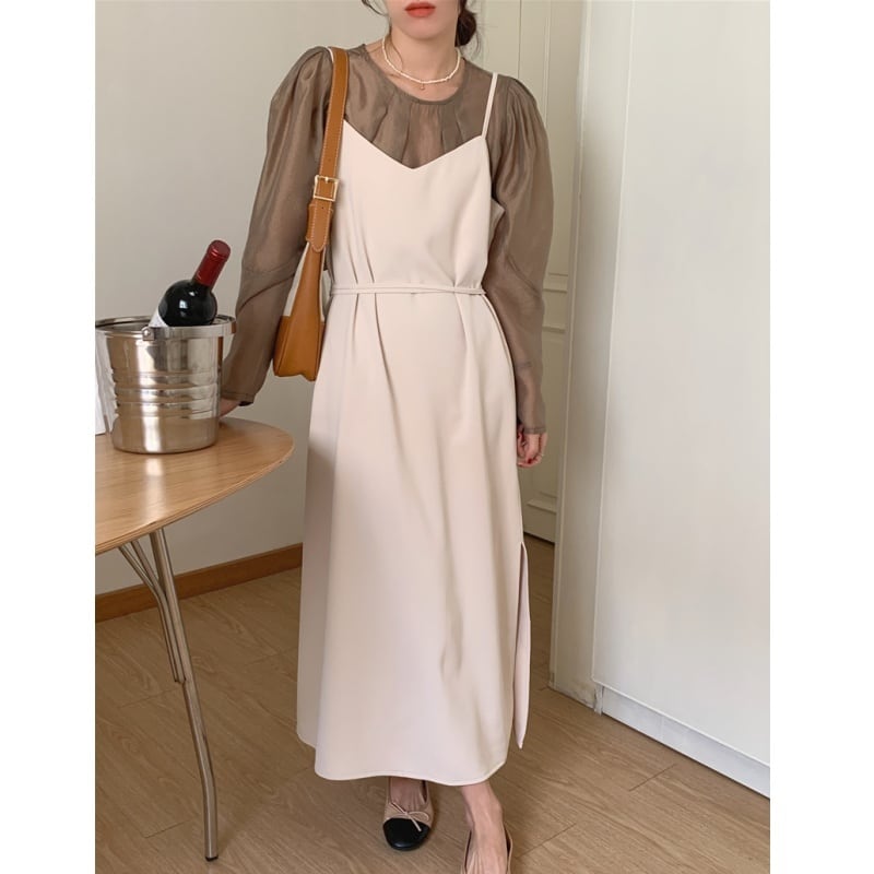 Vネックキャミソールワンピース+シフォンブラウス 2pieces Vネックキャミソールワンピース+シフォンブラウス 2pieces