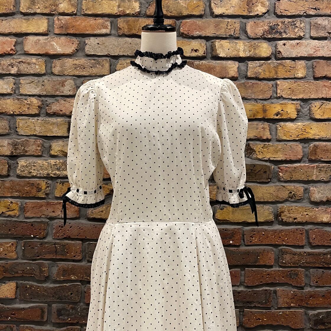 70年代〜 ハンドメイド ワンピース ヴィクトリア調 白×黒 古着 古着屋  