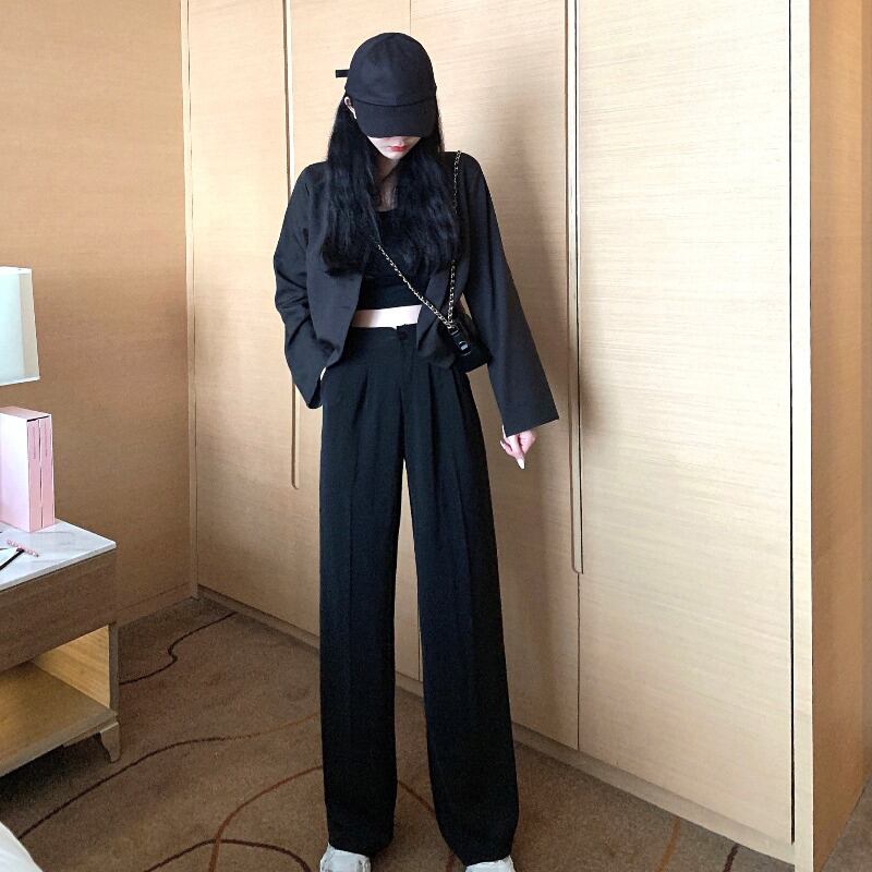 パンツ ハイウェストウェストスリムワイドレッグスプリングブラックカジュアル 春物 ワイドパンツ ブラックストロベリース6595997699