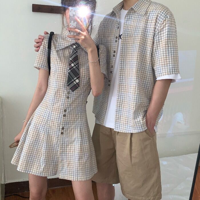 スプリング格子柄シャツ ドレス スタンダードカラー レトロ 春物 モンロー38589222597