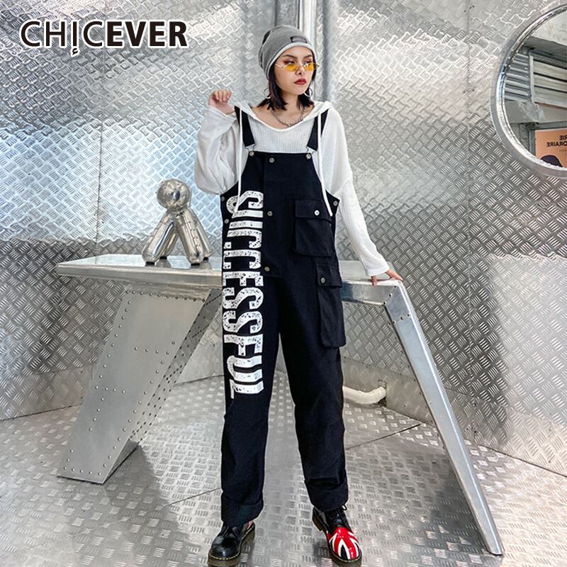 CHICEVERカーゴジャンプスーツレディースレタープリントヒットカラーパッチワークポケット特大ルーズジャンプスーツ2020服 6base515292726235