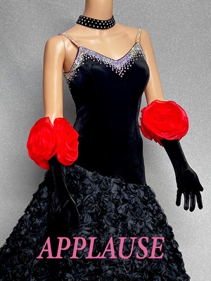 【新着】社交ダンス ドレス　スタンダード　モダンドレス　ブラック（ベルベット、赤グローブ）　 M　ST-25-32　デモ・競技用ドレス　発表会衣装　パーティドレス　ワンピース　舞台衣装