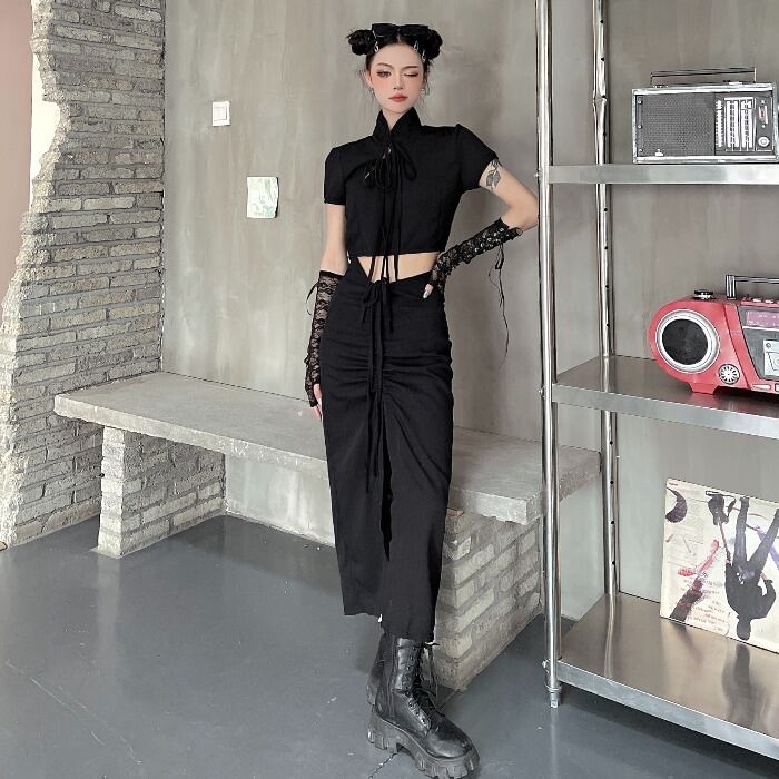 ダークドレス バンドスリムロングスカート スリット ケッペル96493099684