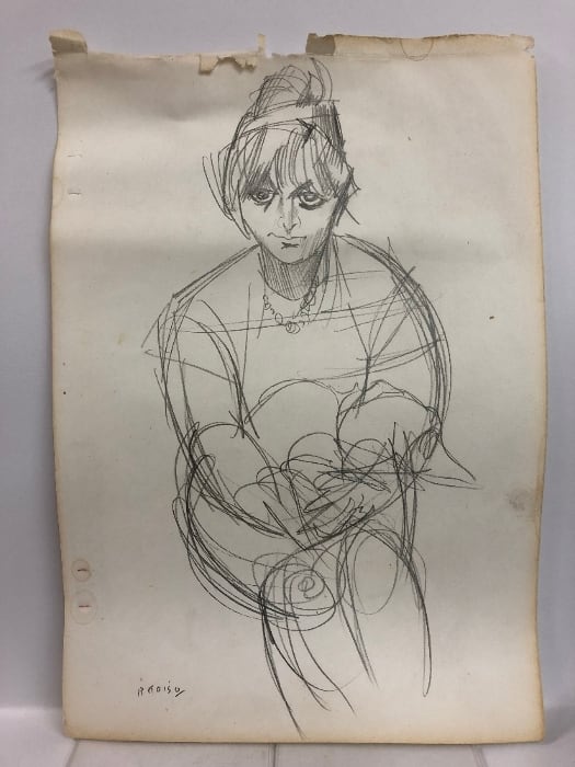 小磯良平 デッサン パリの少女と犬 鉛筆デッサン画 約44cmx30cm