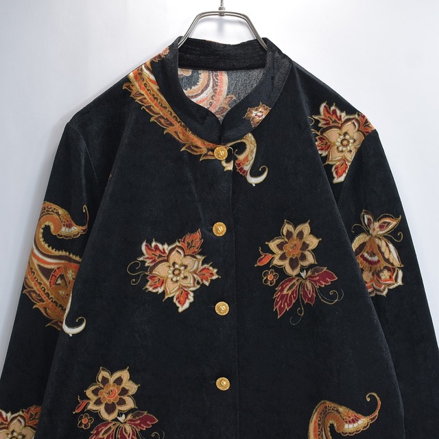 90s 00s フランス製 Velour shirt  ロングシャツ ベロア サイドスリット 金ボタン ペイズリー柄 ボタニカル柄 マオカラー チュニック ブラック USED ヴィンテージ ビンテージ 古着 レディースLサイズ相当