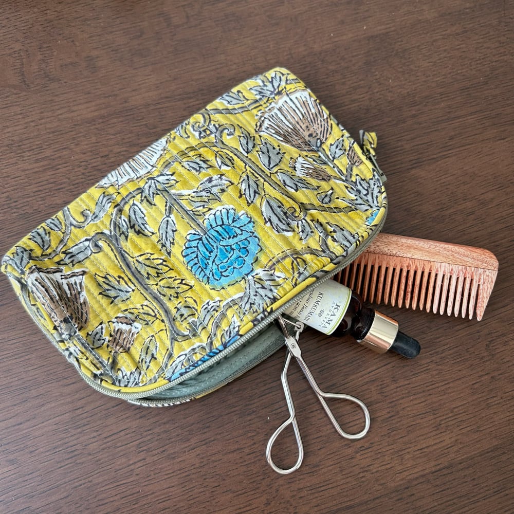 コスメポーチ ラウンド ブロックプリント ANOKHI マスタード