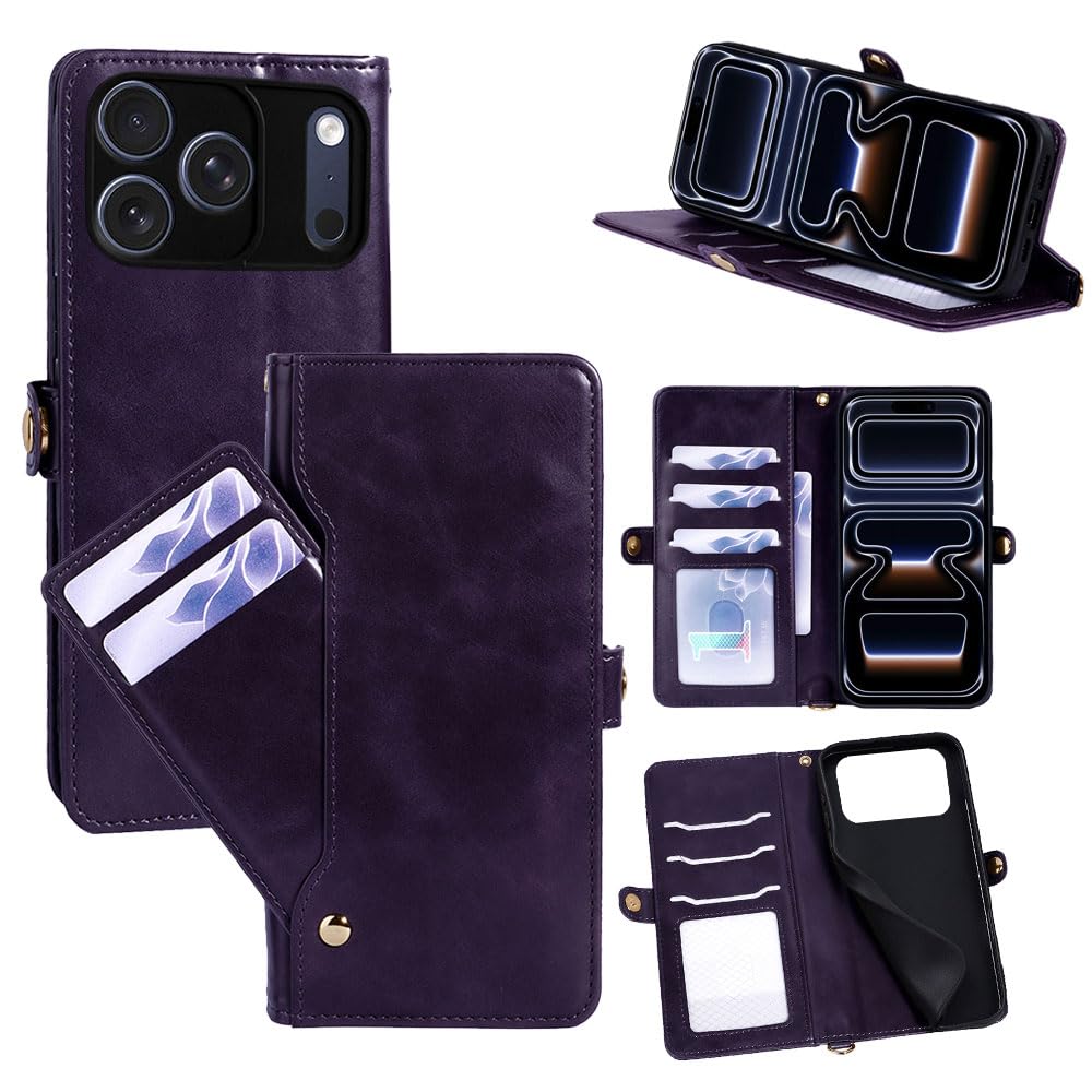 Cacheluna 手帳型 ケース for iPhone 18 Pro iPhone 17 Pro【引き出し式カードホルダー&ショートストラップ付き】 スタンド機能 マグネットスナップ開閉 収納力 オイルワックス調PUレザー しっとり肌触り パープル