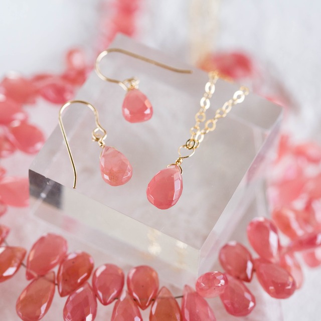 セット販売☆高品質インカローズ・ロードクロサイトファセットペアシェイプAAA★一粒ペンダントとピアス☆ギフトラッピング無料