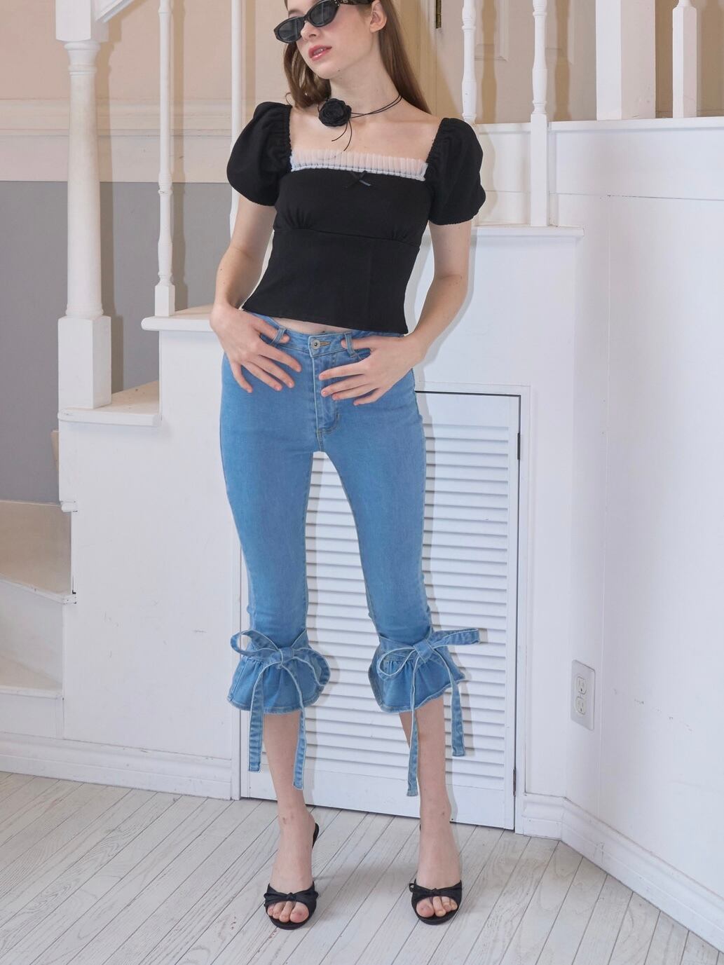 frill capri denim PT -light blue- | mieya mieya