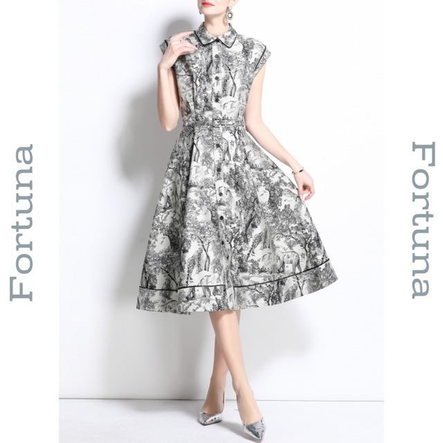 ウエストマーク付Aラインシルエットノースリーブ シャツワンピース　F00514