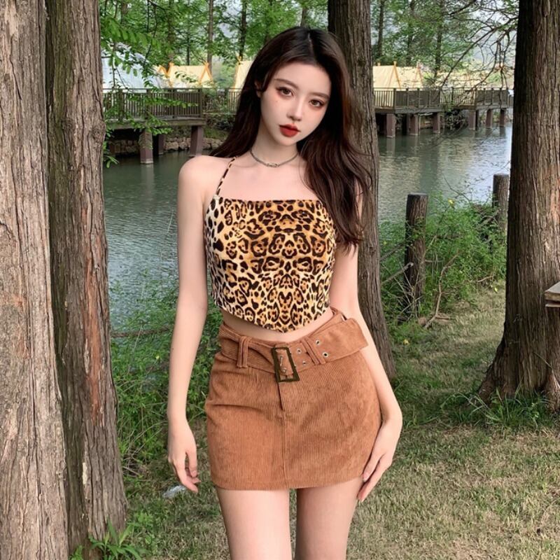 スタンダードレディースサマーレオパードプリント柄コーデュロイスカート レトロ 夏物 ハンチェンe83713078639