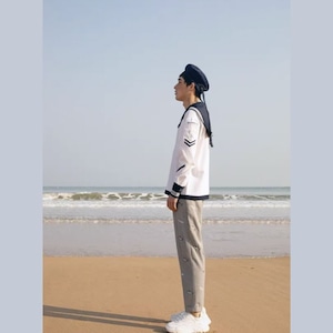 海が似合う左腕ロブスター刺繍のセーラー長袖トップス【メンズ】　E00263