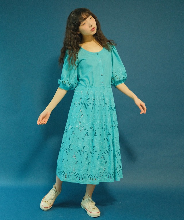 【送料無料】70's-80's “Lucie linden” blue cutwork dress