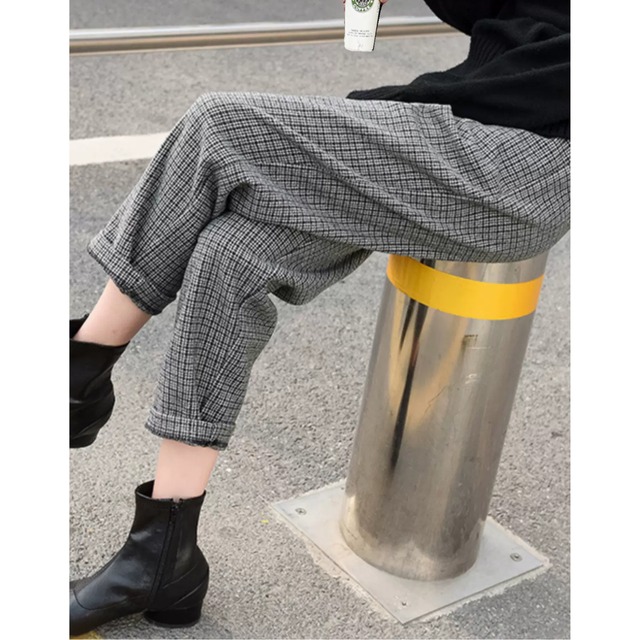 【チェック柄ハイウエストテーパードパンツ】P00684