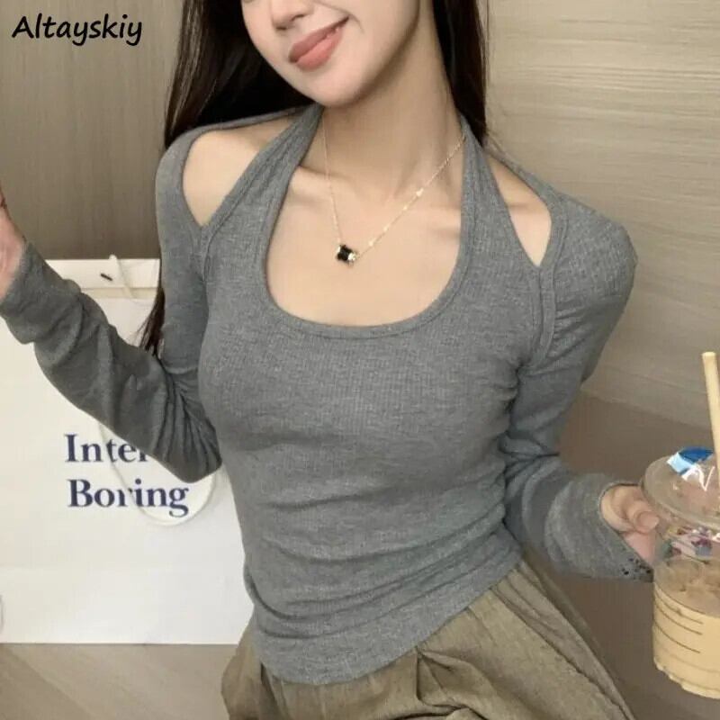 【新作】【送料無料】 ホルター Tシャツ女性 Hotsweet パッチワーク長袖女性トップス人格春セクシーな原宿スリムファッションオルオールマッチ 0341993328134