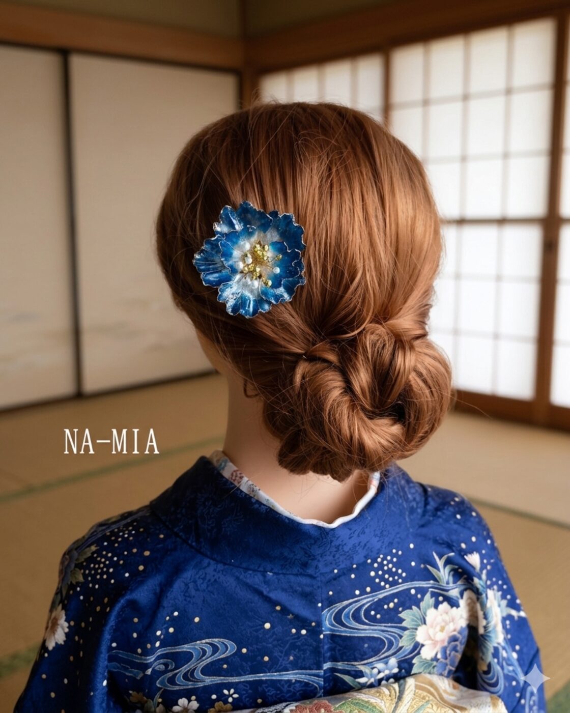 星夜の牡丹 青い花の簪（かんざし）ディップアート【受注制作】 NA-MIA