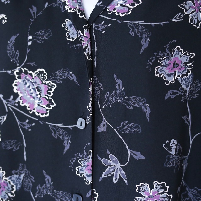 flower art pattern over wide silhouette open collar shirt