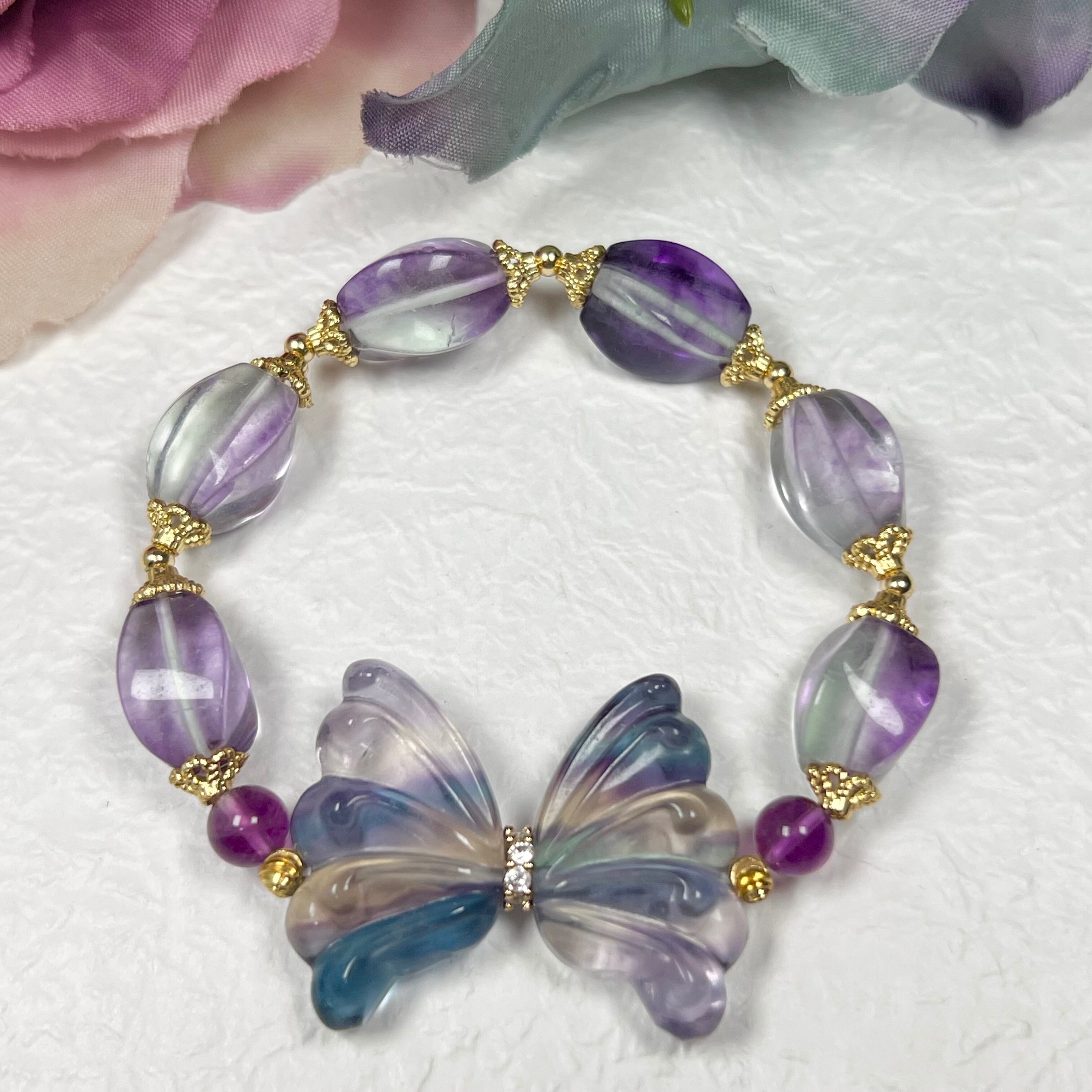 【フローライト 蝶々 ブレスレット】❤︎送料無料❤︎天然石 パワーストーン
