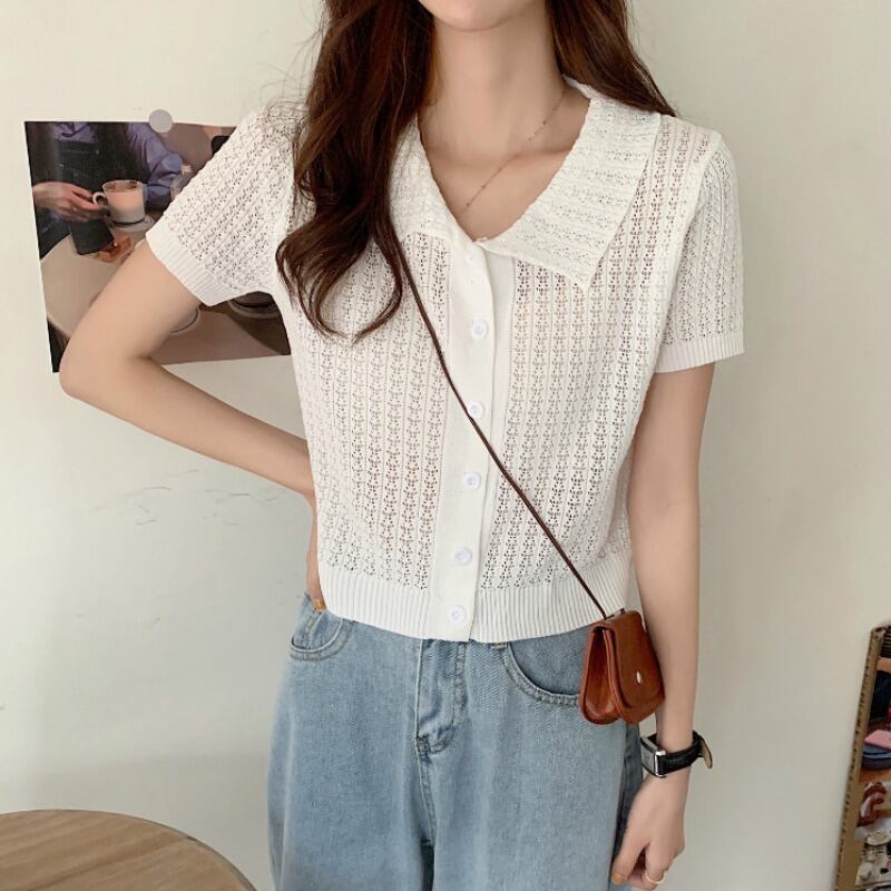 ホワイトの半袖Tシャツレディース2020夏新バージョンは薄く、オールマッチのPOLOカラー中空ショートニットトップス 1号婦人43895715062