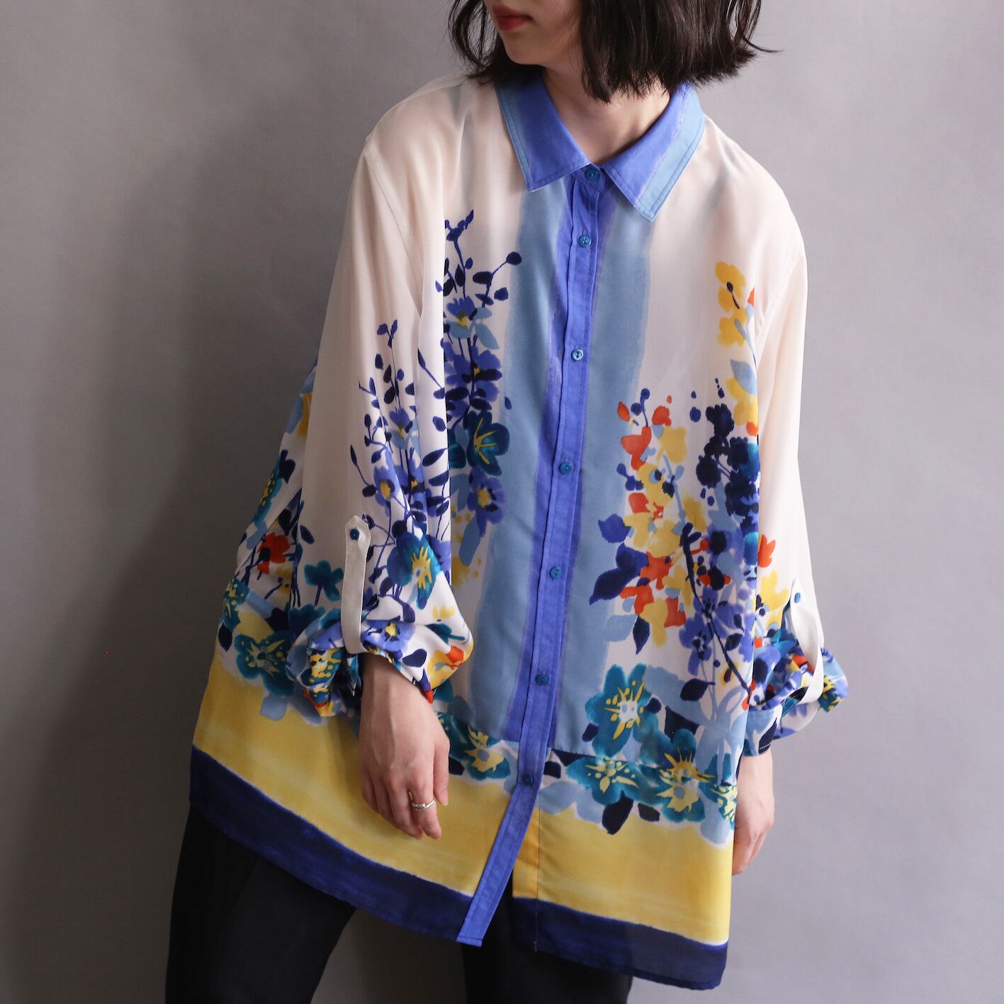 "水彩" flower art design l/s see-through shirt