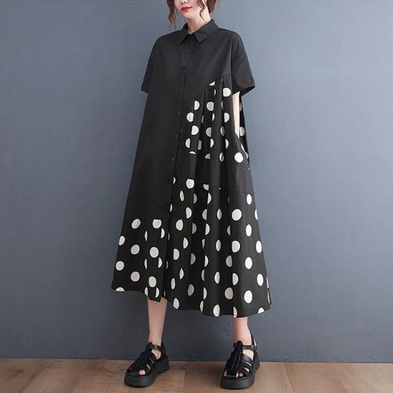 サブカル 服 地雷系 通販 ワンピ 半袖 ロングプリーツ ドット柄 水玉 切替えスカート 大人可愛い ゆったり カジュアル 大人 モードファッション